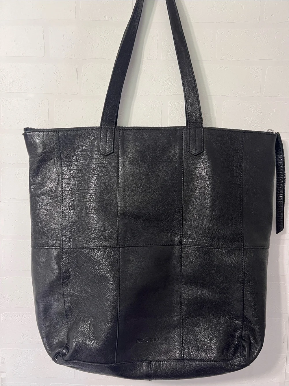 Day & Mood Anthropologie Heather Black Leather Moto Tote Bag Front Zip Pockets